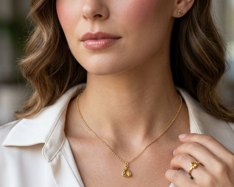 Natural Citrine Trillion Cut Solitaire Pendant Necklace in 18K Gold Plated 925 Sterling Silver for Women