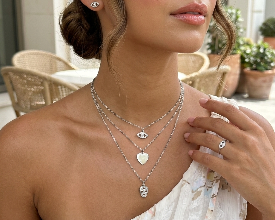 Silver Charm Necklace | Evil Eye, Heart & Skull Pendant Necklace for Women