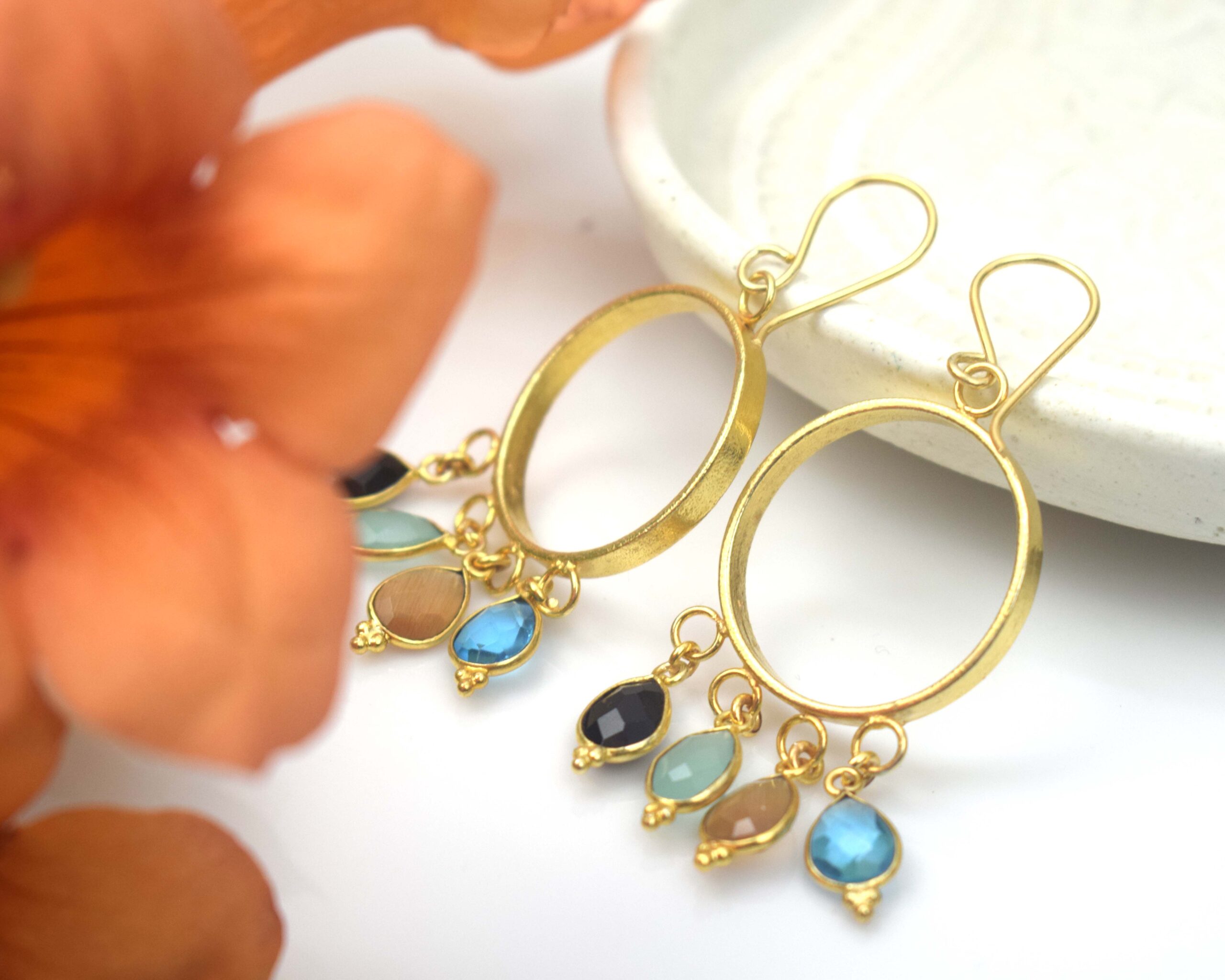 Handcrafted Gold Plated Multi Bezel Gemstone Hoop Dangle Earrings | Colorful Designer Drop Earrings for Women