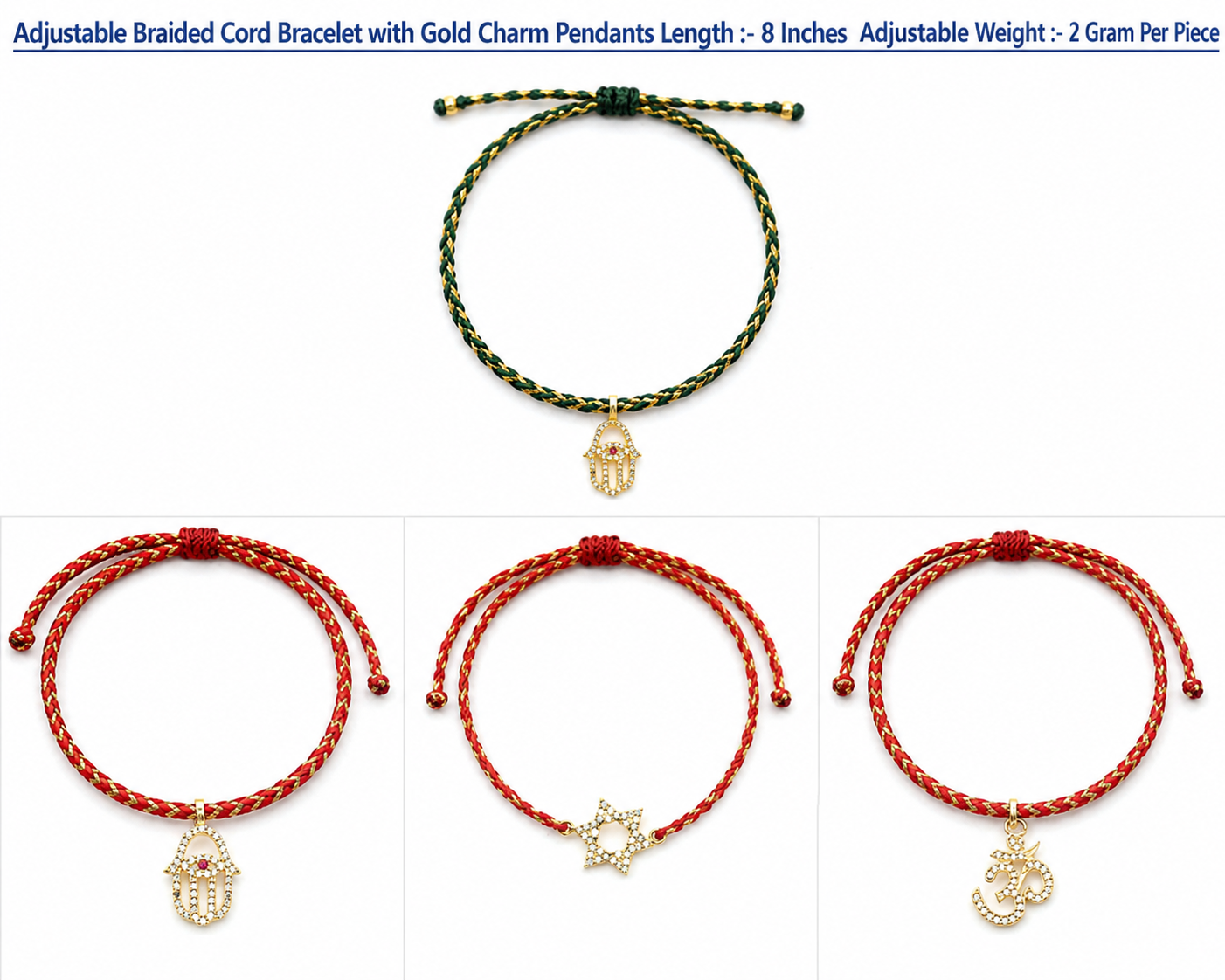 Adjustable Braided Cord Bracelet with Gold Charm Pendants