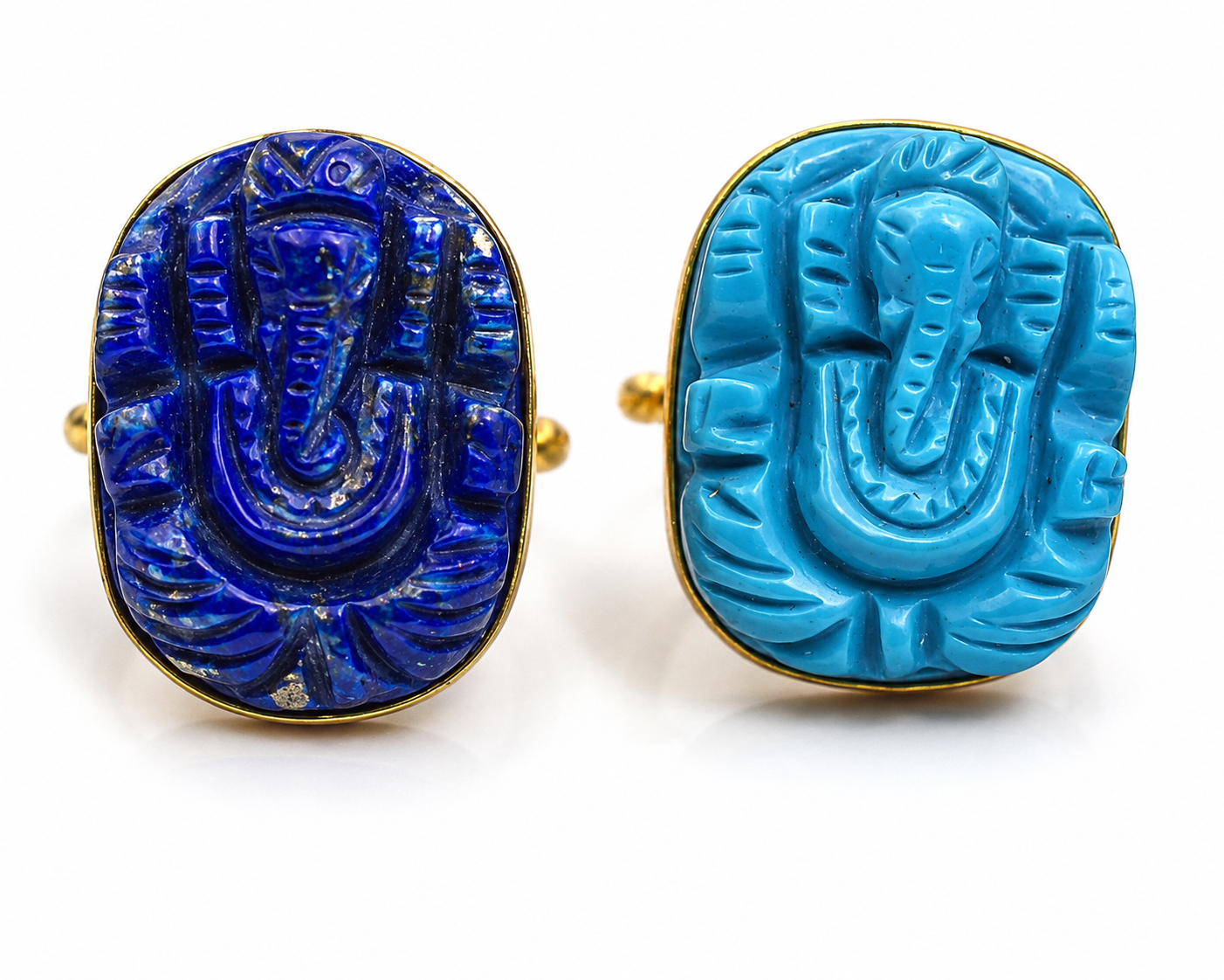 Handcrafted Turquoise & Lapis Lazuli Ganesha Carving Rings