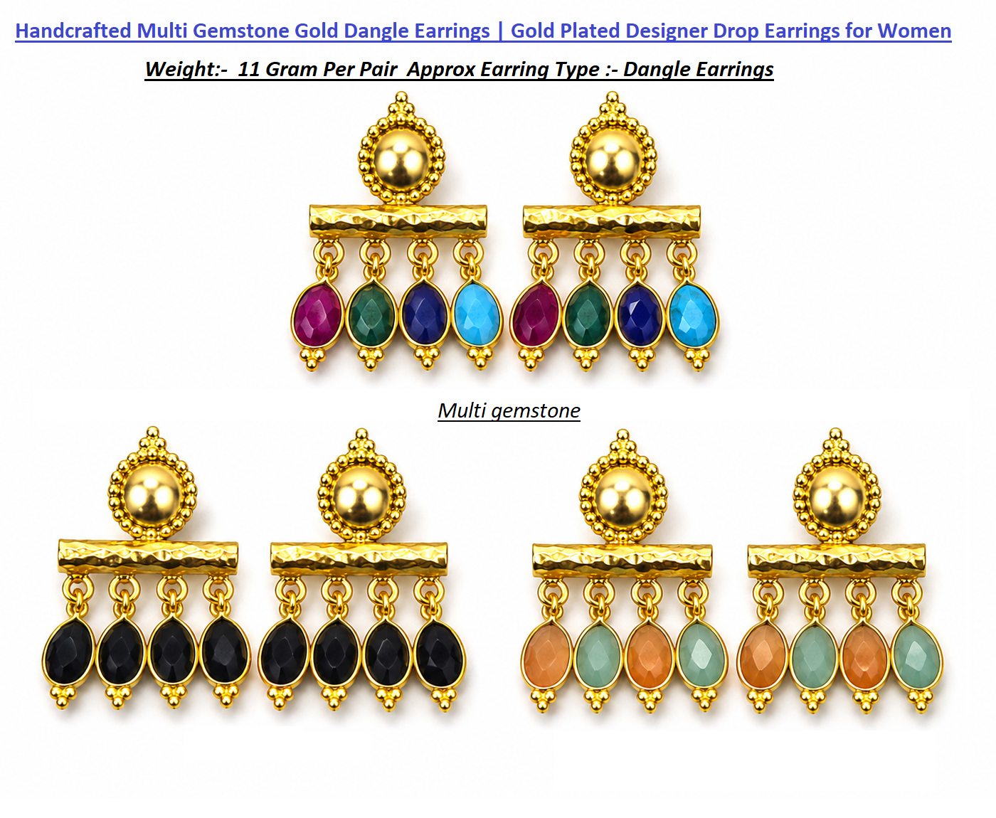 Handcrafted Multi Gemstone Gold Dangle Earrings | Gold Plated Designer Drop Earrings for Women