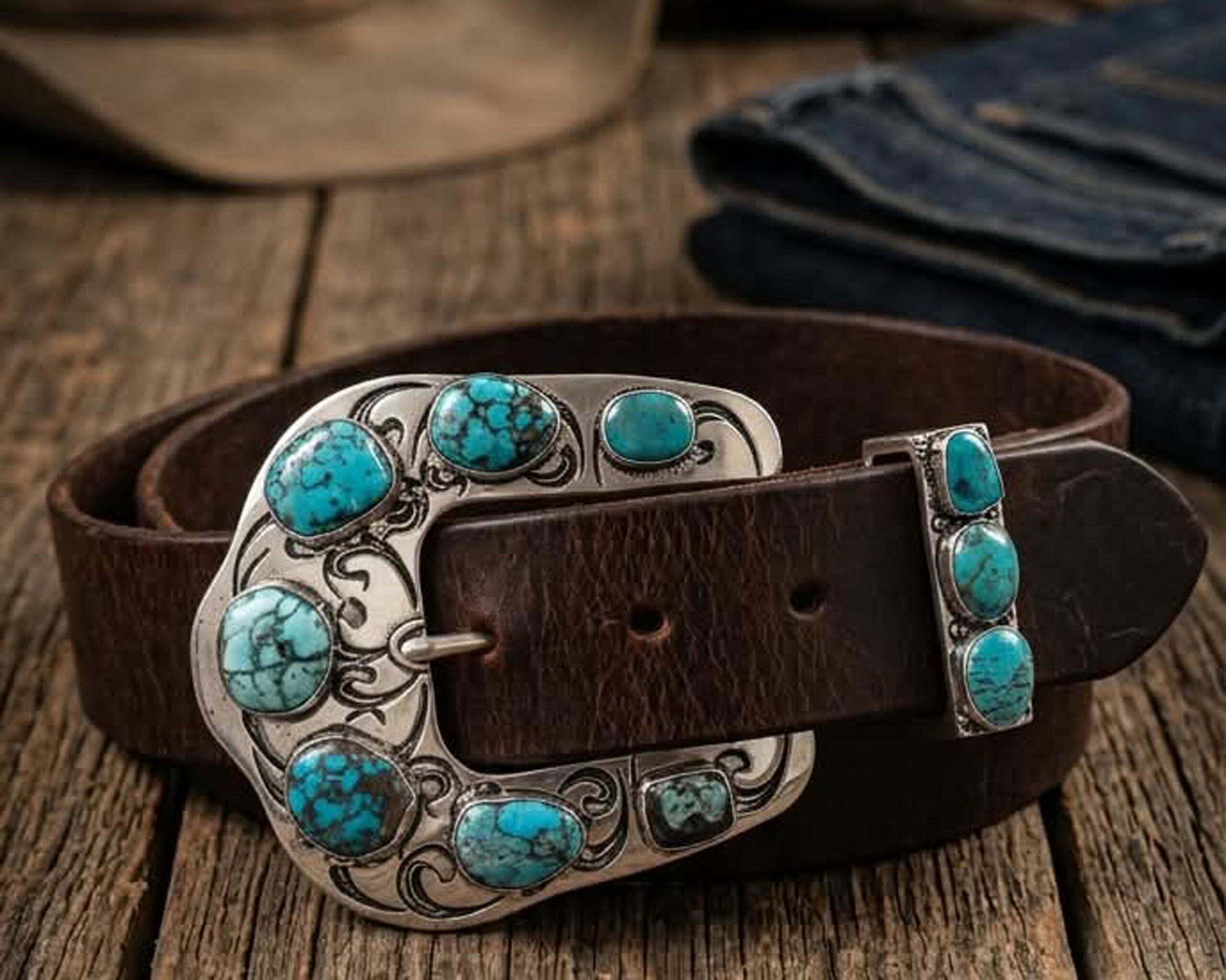 Natural Turquoise 925 Sterling Silver Leather Belt – Handmade Western Style